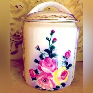 RARE FRENCH Antique Ornate Hand-Painted Floral Limoges Porcelain Jar 1940s MINTY